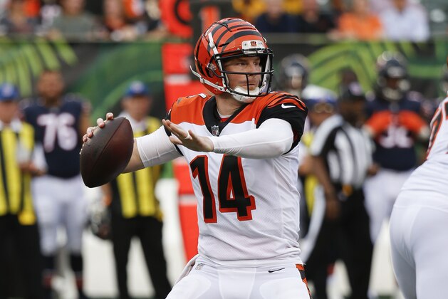 Cincinnati Bengals quarterback Andy Dalton looks to throw in the first half of an NFL preseason football game against the Chicago Bears, Thursday, Aug. 9, 2018, in Cincinnati. (AP Photo/Frank Victores)