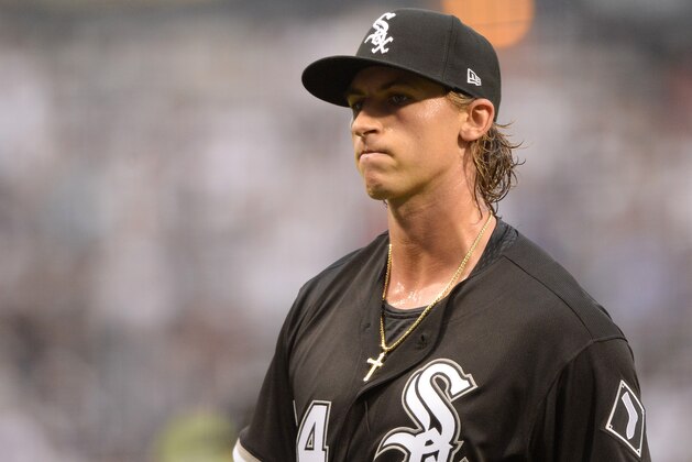 CHICAGO - AUGUST 21:  Michael Kopech #34 of the Chicago White Sox looks on while making his Major League debut against the Minnesota Twins on August 21, 2018 at Guaranteed Rate Field in Chicago, Illinois.  (Photo by Ron Vesely/MLB Photos via Getty Images)