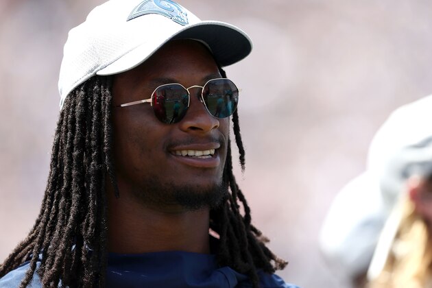 LOS ANGELES, CA - AUGUST 18:   Todd Gurley #30 of the Los Angeles Rams watches from the sideline in the second quarter during the game between the Los Angeles Rams and the Oakland Raiders at Los Angeles Memorial Coliseum on August 18, 2018 in Los Angeles, California. (Photo by Joe Scarnici/Getty Images)