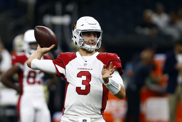 Arizona Cardinals quarterback Josh Rosen (3) warms up before an NFL preseason football game against the New Orleans Saints in New Orleans, Friday, Aug. 17, 2018. (AP Photo/Butch Dill)