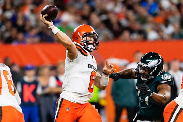 CLEVELAND, OH - AUGUST 23: Quarterback Baker Mayfield #6 of the Cleveland Browns passes during the first half of a preseason game against the Philadelphia Eagles at FirstEnergy Stadium on August 23, 2018 in Cleveland, Ohio. (Photo by Jason Miller/Getty Images)