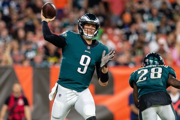 CLEVELAND, OH - AUGUST 23: Starting quarterback Nick Foles #9 of the Philadelphia Eagles passes during the first half of a preseason game  against the Cleveland Browns at FirstEnergy Stadium on August 23, 2018 in Cleveland, Ohio. (Photo by Jason Miller/Getty Images)