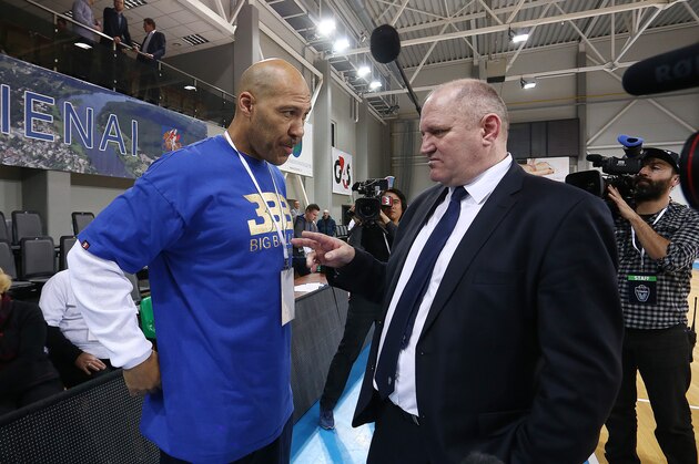 PRIENAI, LITHUANIA - JANUARY 09:  LaVar Ball father of LiAngelo and LaMelo Ball talks with Virginijus Seskus head coach of Vytautas Prienai during the match between Vytautas Prienai and Zalgiris Kauno on January 9, 2018 in Prienai, Lithuania.  (Photo by Alius Koroliovas/Getty Images)