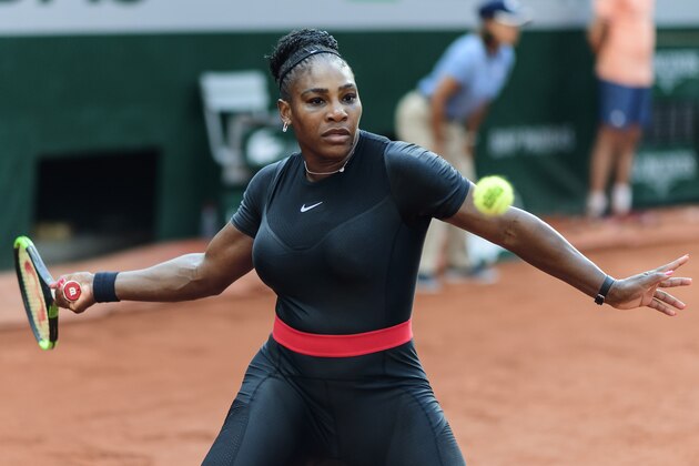 PARIS, FRANCE - JUNE 02: Serena Williams of the United States hits a forehand to Julia Goerges of Germany in the third round of the women's singles during the French Open at Roland Garros on June 2, 2018 in Paris, France. (Photo by Mike Frey/Getty Images)