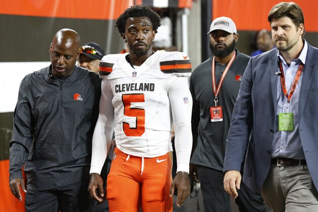 Cleveland Browns quarterback Tyrod Taylor (5) walks to the locker room during the first half of an NFL preseason football game against the Philadelphia Eagles, Thursday, Aug. 23, 2018, in Cleveland. (AP Photo/Ron Schwane)