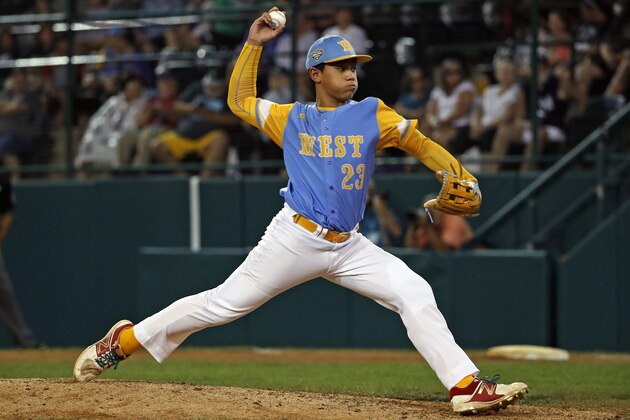 Honolulu, Hawaii's Aukai Kea (23) delivers in the first inning of a baseball game against Staten Island in United States pool play at the Little League World Series tournament in South Williamsport, Pa., Wednesday, Aug. 22, 2018. Hawaii won 10-0 in five innings. (AP Photo/Gene J. Puskar)