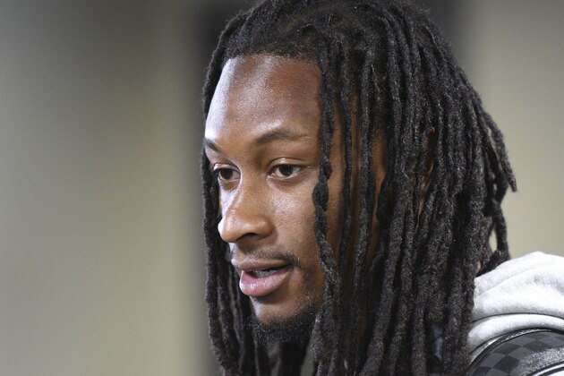 Los Angeles Rams running back Todd Gurley talks with reporters after off-season training at the NFL football team's practice facility in Thousand Oaks, Calif., Monday, April 16, 2018. (AP Photo/Michael Owen Baker)