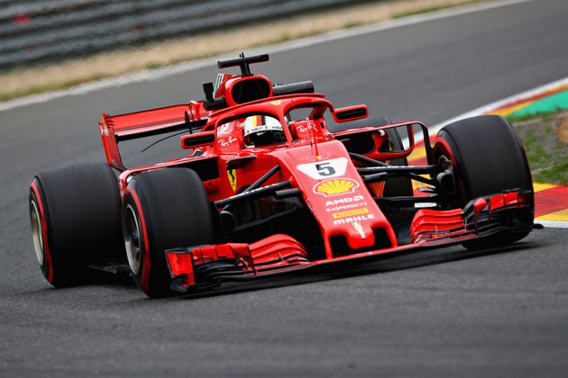 SPA, BELGIUM - AUGUST 24: Sebastian Vettel of Germany driving the (5) Scuderia Ferrari SF71H on track during practice for the Formula One Grand Prix of Belgium at Circuit de Spa-Francorchamps on August 24, 2018 in Spa, Belgium.  (Photo by Mark Thompson/Getty Images)