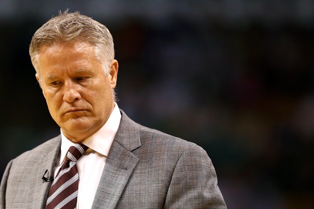 BOSTON, MA - MAY 9: Brett Brown head coach of the Philadelphia 76ers looks on during Game Five of the Eastern Conference Second Round of the 2018 NBA Playoffs at TD Garden on May 9, 2018 in Boston, Massachusetts. The Celtics defeat the 76ers 114-112 to advance to the Eastern Conference Finals. (Photo by Maddie Meyer/Getty Images)