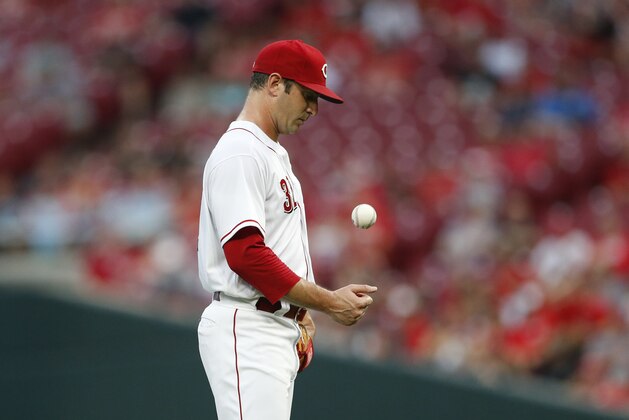 Cincinnati Reds starting pitcher Matt Harvey reacts after being called for balk during the fourth inning of the team's baseball game against the San Francisco Giants, Saturday, Aug. 18, 2018, in Cincinnati. (AP Photo/Gary Landers)