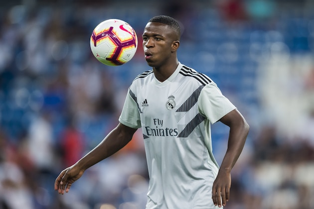MADRID, SPAIN: AUGUST 19: Vinicius Junior of Real Madrid warms up prior to the La Liga match between Real Madrid CF and Getafe CF at Estadio Santiago Bernabeu on August 19 2018 in Madrid, Spain. (Photo by Diego Souto/Power Sport Images/Getty Images)