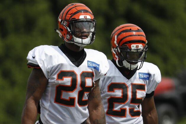 Cincinnati Bengals running back Joe Mixon (28) and Giovani Bernard (25) participate during NFL football practice, Wednesday, Aug. 1, 2018, in Cincinnati. (AP Photo/John Minchillo)