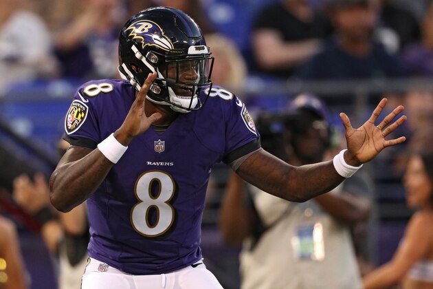 BALTIMORE, MD - AUGUST 09: Lamar Jackson #8 of the Baltimore Ravens celebrates after scoring a touchdown during the first quarter against the Los Angeles Rams during a preseason game at M&T Bank Stadium on August 9, 2018 in Baltimore, Maryland. (Photo by Patrick Smith/Getty Images)