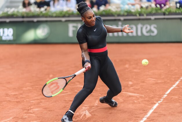 PARIS, FRANCE - JUNE 02: Serena Williams of the United States hits a forehand to Julia Goerges of Germany in the third round of the women's singles during the French Open at Roland Garros on June 2, 2018 in Paris, France. (Photo by Mike Frey/Getty Images)