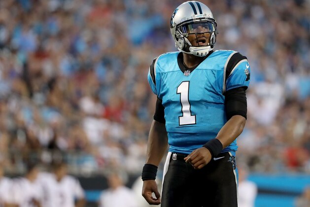 CHARLOTTE, NC - AUGUST 24:  Cam Newton #1 of the Carolina Panthers looks to the scoreboard against the New England Patriots in the first quarter during their game at Bank of America Stadium on August 24, 2018 in Charlotte, North Carolina.  (Photo by Streeter Lecka/Getty Images)