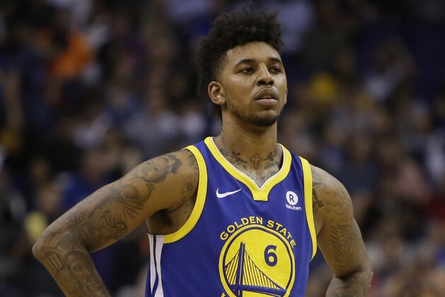 Golden State Warriors guard Nick Young (6) in the second half during an NBA basketball game against the Phoenix Suns, Sunday, April 8, 2018, in Phoenix. The Warriors defeated the Suns 117-100. (AP Photo/Rick Scuteri)