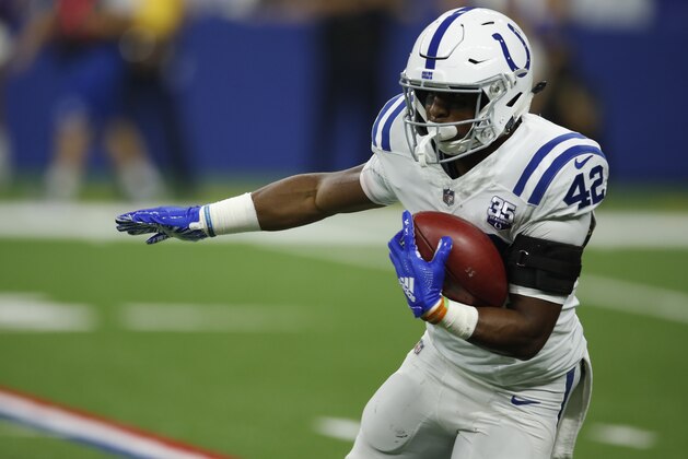 Indianapolis Colts running back Nyheim Hines (42)returns a punt against the Baltimore Ravens during an NFL preseason football game in Indianapolis, Monday, Aug. 20, 2018. The Ravens defeated the Colts 20-19. (Jeff Haynes/AP Images for Panini)