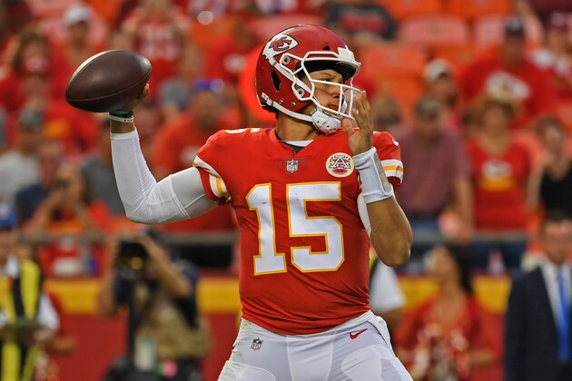 KANSAS CITY, MO - AUGUST 09:  Quarterback Patrick Mahomes #15 of the Kansas City Chiefs drops back to pass during the first half against the Houston Texans at Arrowhead Stadium on August 9, 2018 in Kansas City, Missouri. (Photo by Peter G. Aiken/Getty Images)