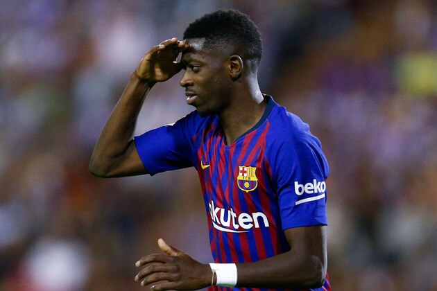 Barcelona's French forward Ousmane Dembele celebrates after scoring a goal during the Spanish league football match between Real Valladolid and FC Barcelona at the Jose Zorrilla Stadium in Valladolid on August 25, 2018. (Photo by Benjamin CREMEL / AFP)        (Photo credit should read BENJAMIN CREMEL/AFP/Getty Images)