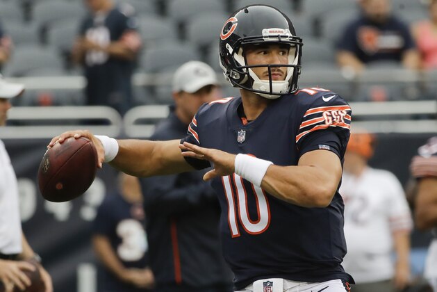 Chicago Bears' Mitchell Trubisky warms up before a preseason NFL football game against the Kansas City Chiefs Saturday, Aug. 25, 2018, in Chicago. (AP Photo/Nam Y. Huh)