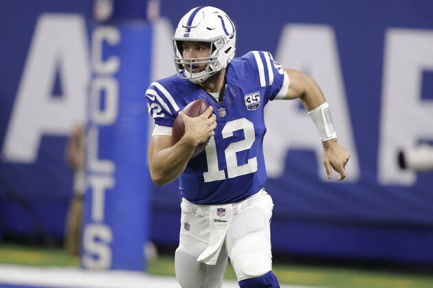 Indianapolis Colts quarterback Andrew Luck (12) during the first half of an NFL preseason football game against the San Francisco 49ers in Indianapolis, Saturday, Aug. 25, 2018. (AP Photo/Michael Conroy)