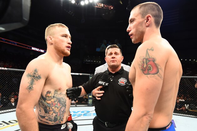 LINCOLN, NE - AUGUST 25:  (L-R) Opponents Justin Gaethje and James Vick face off prior to their lightweight fight during the UFC Fight Night event at Pinnacle Bank Arena on August 25, 2018 in Lincoln, Nebraska. (Photo by Josh Hedges/Zuffa LLC/Zuffa LLC via Getty Images)