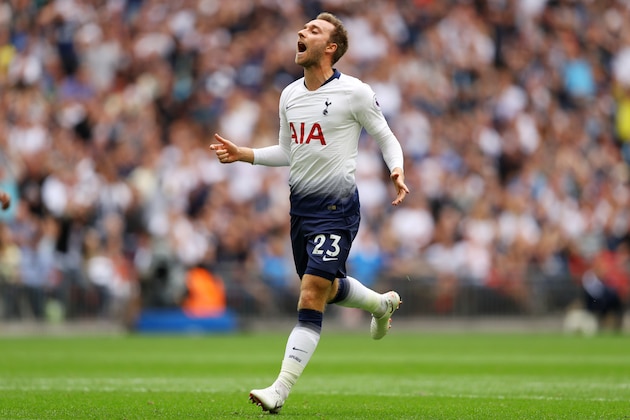 LONDON, ENGLAND - AUGUST 18:   Christian Eriksen of Tottenham Hotspur reacts following a missed chance during the Premier League match between Tottenham Hotspur and Fulham FC at Wembley Stadium on August 18, 2018 in London, United Kingdom.  (Photo by Dan Istitene/Getty Images)
