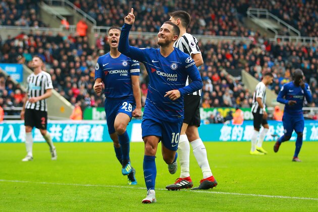 NEWCASTLE UPON TYNE, ENGLAND - AUGUST 26: Eden Hazard of Chelsea celebrates scoring the opening goal during the Premier League match between Newcastle United and Chelsea FC at St. James Park on August 26, 2018 in Newcastle upon Tyne, United Kingdom. (Photo by Chris Brunskill/Fantasista/Getty Images)