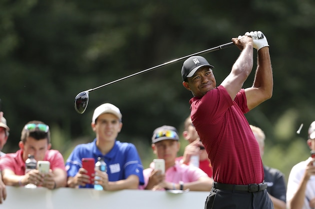 Tiger Woods watches his shot on the fifth hole during the final round of the Northern Trust golf tournament, Sunday, Aug. 26, 2018, in Paramus, N.J. (AP Photo/Mel Evans)