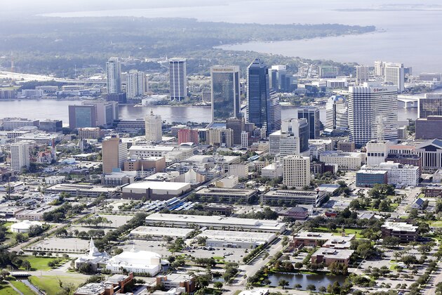 Aerial view of downtown Jacksonville, Fla. Tuesday, Sept. 12, 2017, (AP Photo/John Raoux)