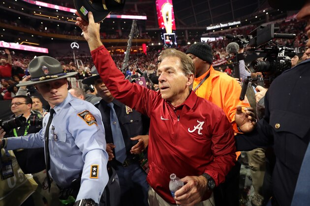 ATLANTA, GA - JANUARY 08:  Head coach Nick Saban of the Alabama Crimson Tide celebrates beating the Georgia Bulldogs in overtime to win the CFP National Championship presented by AT&T at Mercedes-Benz Stadium on January 8, 2018 in Atlanta, Georgia. Alabama won 26-23.  (Photo by Streeter Lecka/Getty Images)