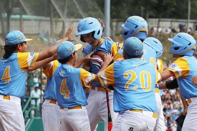 SOUTH WILLIAMSPORT, PA - AUGUST 26: Mana Lau Kong #19 of the West Region from Hawaii celebrates after hitting a solo home run against South Korea during the Championship Game of the Little League World Series at Lamade Stadium on August 26, 2018 in South Williamsport, Pennsylvania. (Photo by Rob Carr/Getty Images)