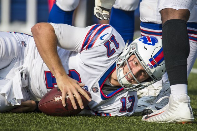 ORCHARD PARK, NY - AUGUST 26:  Josh Allen #17 of the Buffalo Bills looks to the sideline after being taken to the ground during the first half of a preseason game against the Cincinnati Bengals at New Era Field on August 26, 2018 in Orchard Park, New York.  (Photo by Brett Carlsen/Getty Images)