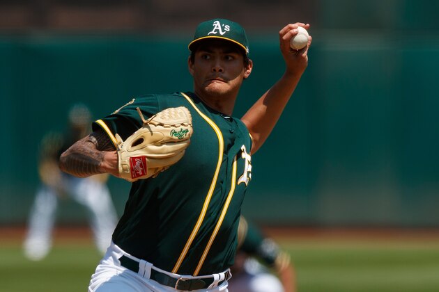 OAKLAND, CA - AUGUST 19:  Sean Manaea #55 of the Oakland Athletics pitches against the Houston Astros during the first inning at the Oakland Coliseum on August 19, 2018 in Oakland, California. The Houston Astros defeated the Oakland Athletics 9-4. (Photo by Jason O. Watson/Getty Images)