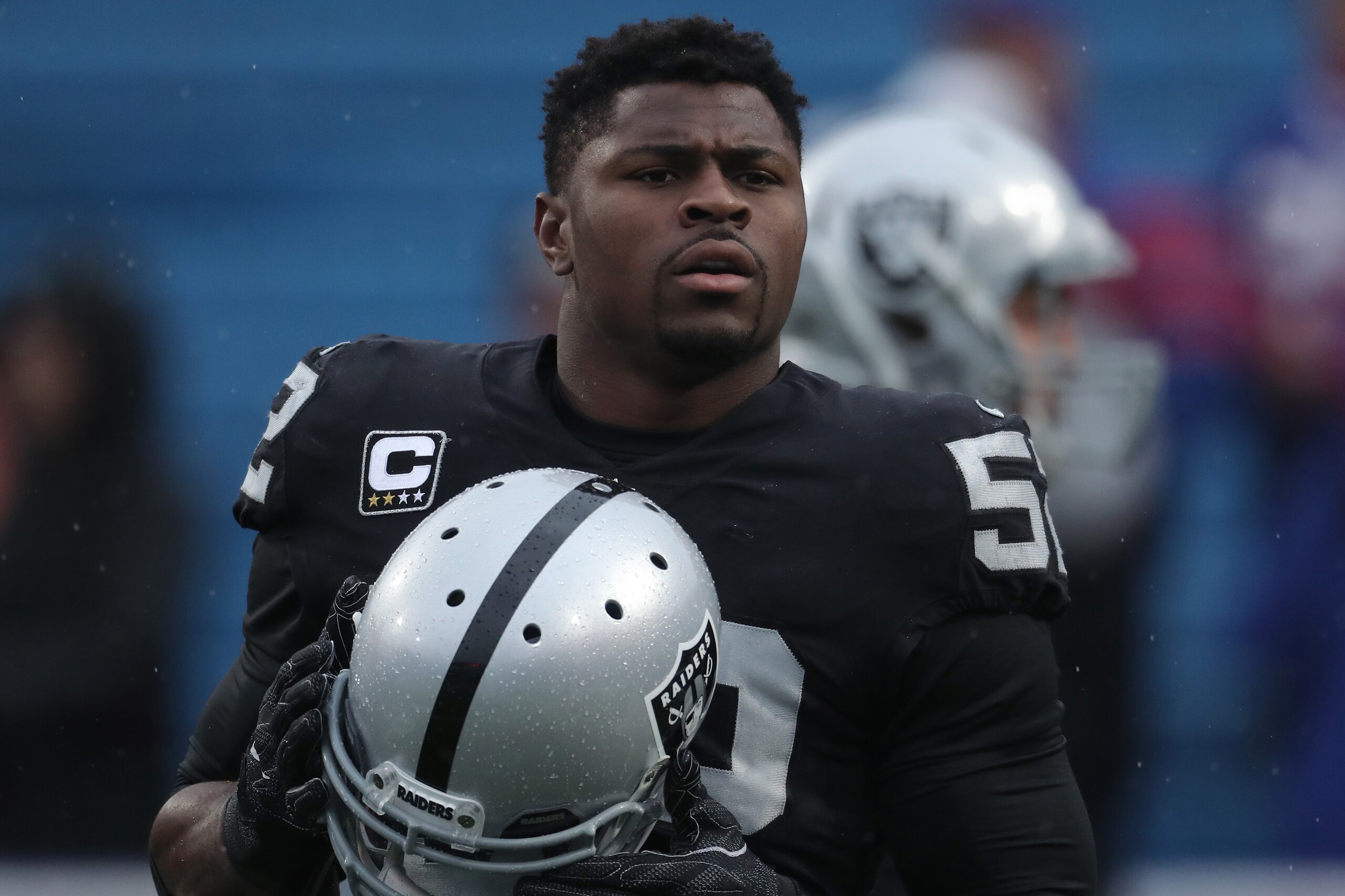 BUFFALO, NY - OCTOBER 29: Khalil Mack #52 of the Oakland Raiders warms up before the start of NFL game action against the Buffalo Bills at New Era Field on October 29, 2017 in Buffalo, New York. (Photo by Tom Szczerbowski/Getty Images)
