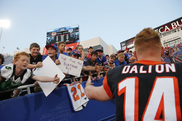 Fans call out to Cincinnati Bengals quarterback Andy Daltonduring the second half of a preseason NFL football game Sunday, Aug. 26, 2018, in Orchard Park, N.Y. The Bengals won 26-13. (AP Photo/Jeffrey T. Barnes)