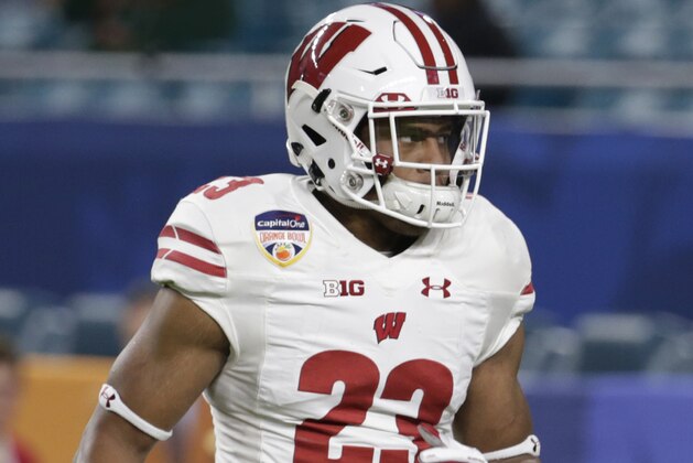 Wisconsin running back Jonathan Taylor (23) warms up before the Orange Bowl NCAA college football game against Miami, Saturday, Dec. 30, 2017, in Miami Gardens, Fla. (AP Photo/Lynne Sladky)