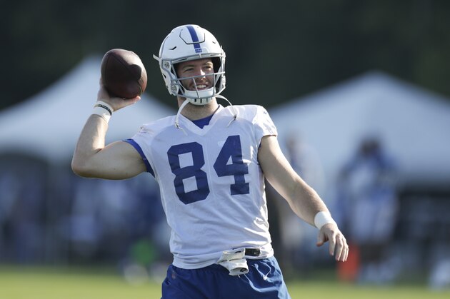 Indianapolis Colts tight end Jack Doyle (84) during practice at the NFL team's football training camp in Westfield, Ind., Thursday, Aug. 2, 2018. (AP Photo/Michael Conroy)