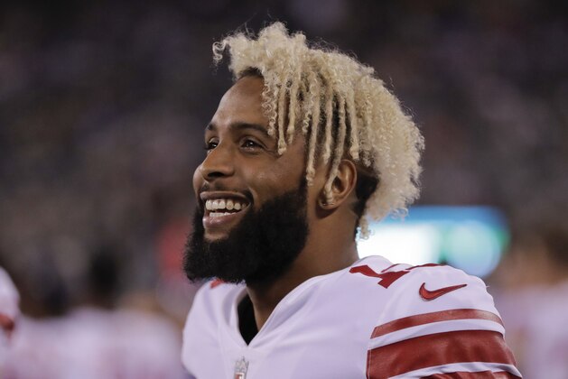 New York Giants wide receiver Odell Beckham Jr. (13) watches from the sidelines against the New York Jets during the fourth quarter of a preseason NFL football game, Friday, Aug. 24, 2018, in East Rutherford, N.J. (AP Photo/Julio Cortez)