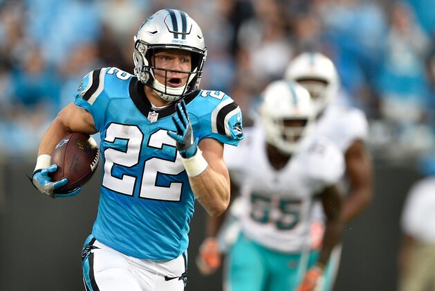 CHARLOTTE, NC - AUGUST 17:  Christian McCaffrey #22 of the Carolina Panthers during the game against the Miami Dolphins at Bank of America Stadium on August 17, 2018 in Charlotte, North Carolina.  (Photo by Grant Halverson/Getty Images)