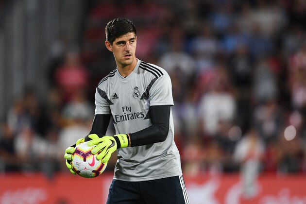 GIRONA, SPAIN - AUGUST 26:  Thibaut Courtois of Real Madrid CF in action during the warm up prior to the La Liga match between Girona FC and Real Madrid CF at Montilivi Stadium on August 26, 2018 in Girona, Spain.  (Photo by David Ramos/Getty Images)