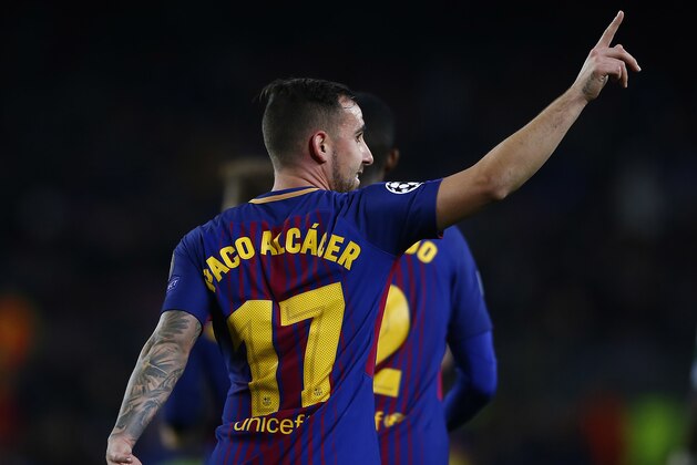 Barcelona's Paco Alcacer celebrates after scoring during the Champions League Group D soccer match between FC Barcelona and Sporting CP at the Camp Nou stadium in Barcelona, Spain, Tuesday, Dec. 5, 2017. (AP Photo/Manu Fernandez)