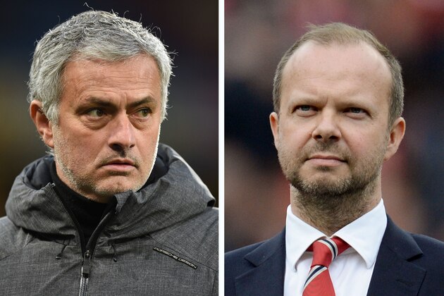 A combination of file pictures created in London on August 24, 2018 shows Manchester United's Portuguese manager Jose Mourinho (L) on the touchline ahead of the English FA Cup fifth round football match between Huddersfield Town and Manchester United at the John Smith's stadium in Huddersfield, northern England on February 17, 2018 and Manchester United's executive vice-chairman Ed Woodward (R) standing on the pitch before the start of the English Premier League football match between Manchester United and Everton at Old Trafford in Manchester, north west England, on April 3, 2016. - Jose Mourinho on on August 24, 2018 denied a rift with executive vice-chairman Ed Woodward despite growing speculation over the power structure at Manchester United. (Photo by OLI SCARFF / AFP) (Photo credit should read OLI SCARFF/AFP/Getty Images) A combination of file pictures created in London on August 24, 2018 shows Manchester United's Portuguese manager Jose Mourinho (L) on the touchline ahead of the English FA Cup fifth round football match between Huddersfield Town and Manchester United at the John Smith's stadium in Huddersfield, northern England on February 17, 2018 and Manchester United's executive vice-chairman Ed Woodward (R) standing on the pitch before the start of the English Premier League football match between Manchester United and Everton at Old Trafford in Manchester, north west England, on April 3, 2016. - Jose Mourinho on on August 24, 2018 denied a rift with executive vice-chairman Ed Woodward despite growing speculation over the power structure at Manchester United. (Photo by OLI SCARFF / AFP) (Photo credit should read OLI SCARFF/AFP/Getty Images)