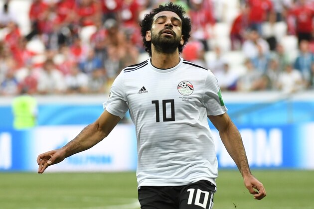 TOPSHOT - Egypt's forward Mohamed Salah reacts during the Russia 2018 World Cup Group A football match between Saudi Arabia and Egypt at the Volgograd Arena in Volgograd on June 25, 2018. (Photo by Philippe DESMAZES / AFP) / RESTRICTED TO EDITORIAL USE - NO MOBILE PUSH ALERTS/DOWNLOADS        (Photo credit should read PHILIPPE DESMAZES/AFP/Getty Images)