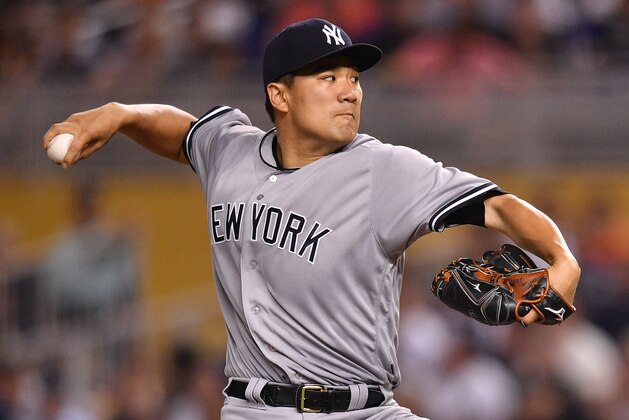 MIAMI, FL - AUGUST 21: Masahiro Tanaka #19 of the New York Yankees throws a pitch in the fifth inning against the Miami Marlins at Marlins Park on August 21, 2018 in Miami, Florida. (Photo by Mark Brown/Getty Images)