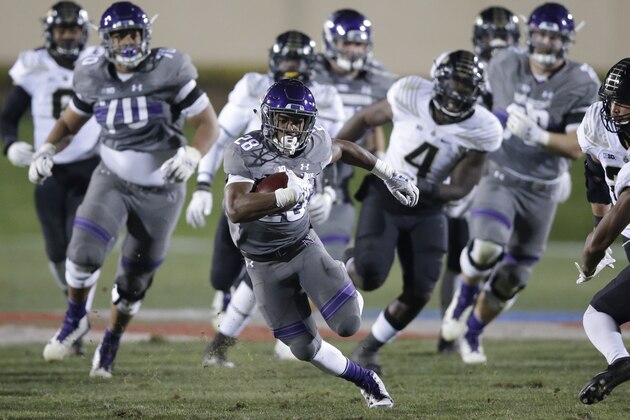 Northwestern running back Jeremy Larkin (28) runs with the ball against Purdue during the second half of an NCAA college football game Saturday, Nov. 11, 2017, in Evanston, Ill. Northwestern won 23-13. (AP Photo/Nam Y. Huh)