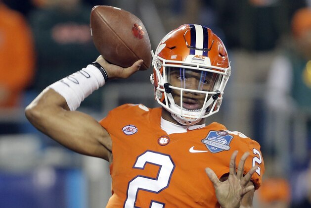 Clemson's Kelly Bryant (2) looks to pass against Miami during the first half of the Atlantic Coast Conference championship NCAA college football game in Charlotte, N.C., Saturday, Dec. 2, 2017. (AP Photo/Bob Leverone)