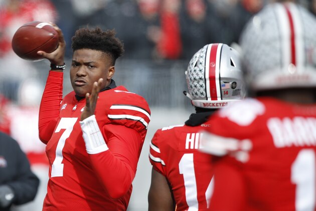 COLUMBUS, OH - NOVEMBER 11: Dwayne Haskins #7 of the Ohio State Buckeyes warms up during a game against the Michigan State Spartans at Ohio Stadium on November 11, 2017 in Columbus, Ohio. Ohio State won 48-3. (Photo by Joe Robbins/Getty Images)