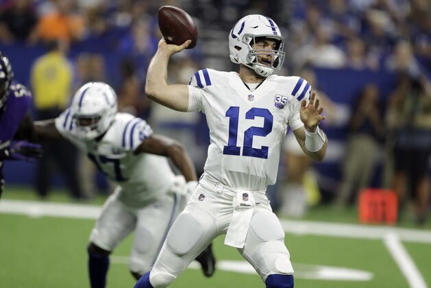 Indianapolis Colts quarterback Andrew Luck throws in the first half of an NFL preseason football game against the Baltimore Ravens in Indianapolis, Monday, Aug. 20, 2018. (AP Photo/Darron Cummings)