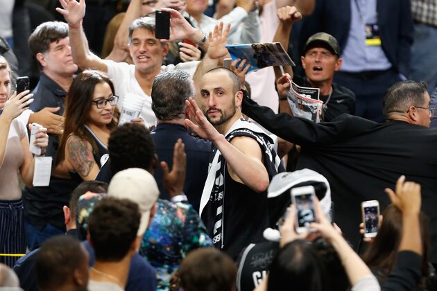 SAN ANTONIO, TX - MAY 22:  (EDITORS NOTE: Retransmission with alternate crop.) Manu Ginobili #20 of the San Antonio Spurs waves as he leaves the court after the Golden State Warriors defeated the San Antonio Spurs 129-115 in Game Four of the 2017 NBA Western Conference Finals at AT&T Center on May 22, 2017 in San Antonio, Texas. The Golden State Warriors defeat the San Antonio Spurs 4-0 in the Western Conference Finals to advance to the 2017 NBA Finals. NOTE TO USER: User expressly acknowledges and agrees that, by downloading and or using this photograph, User is consenting to the terms and conditions of the Getty Images License Agreement.  (Photo by Ronald Cortes/Getty Images)